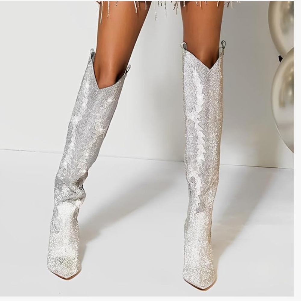 Silver Sparkle Rhinestone heeled cowboy boots / cowboy carter / western heels